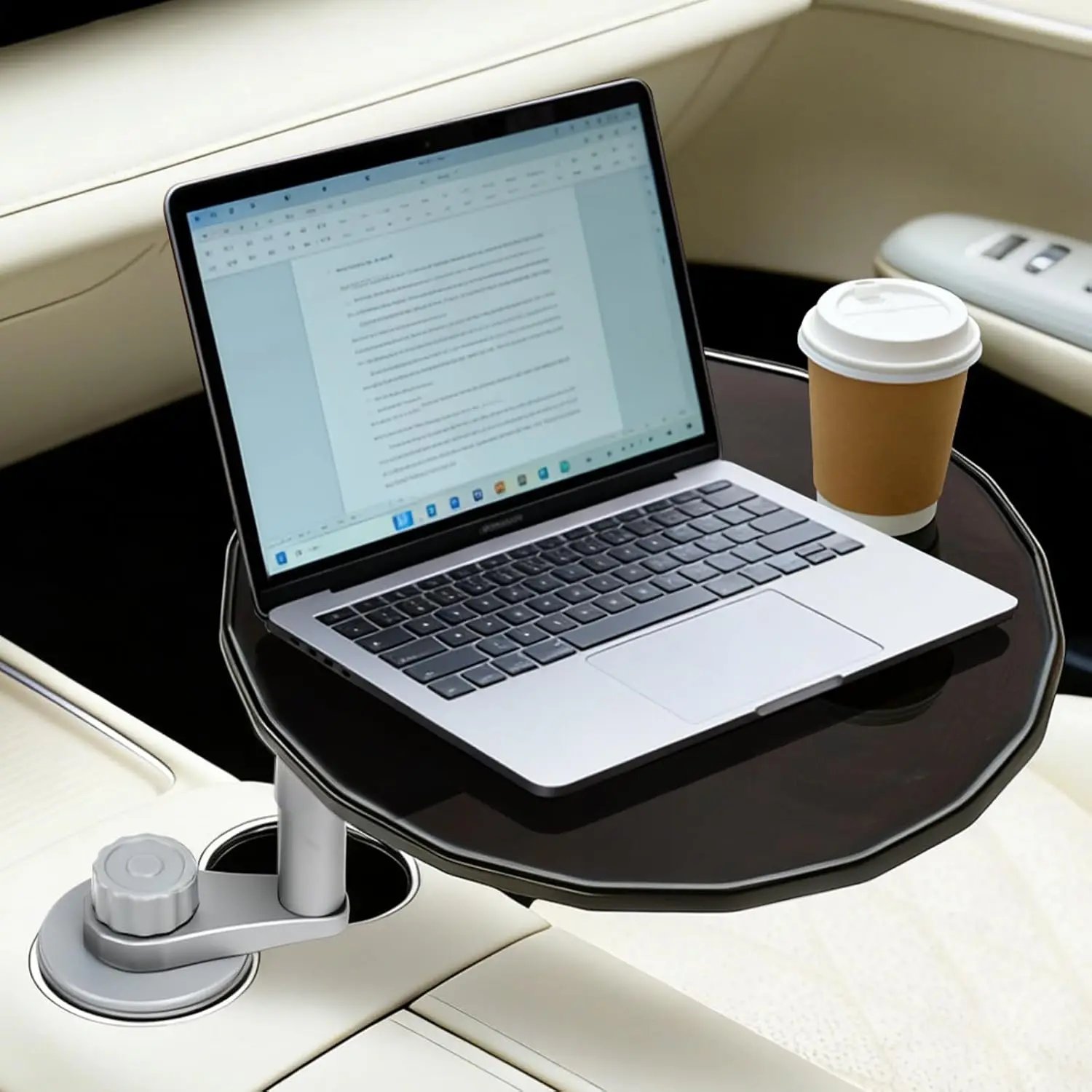 

Rotating Wooden Car Laptop Desk with Cup Holder, 4-Way Base & 2 Height Modes for Most Vehicles