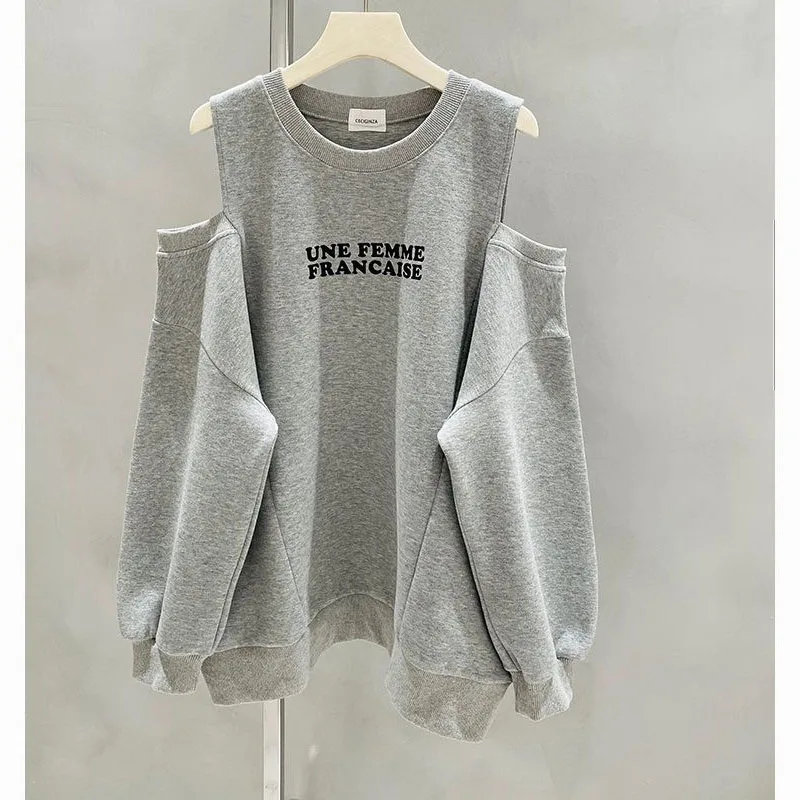 New Spring and Autumn Fashion Design Sense Splice Off Shoulder Round Neck Loose and Slim, Fashionable Women's Casual Sweater