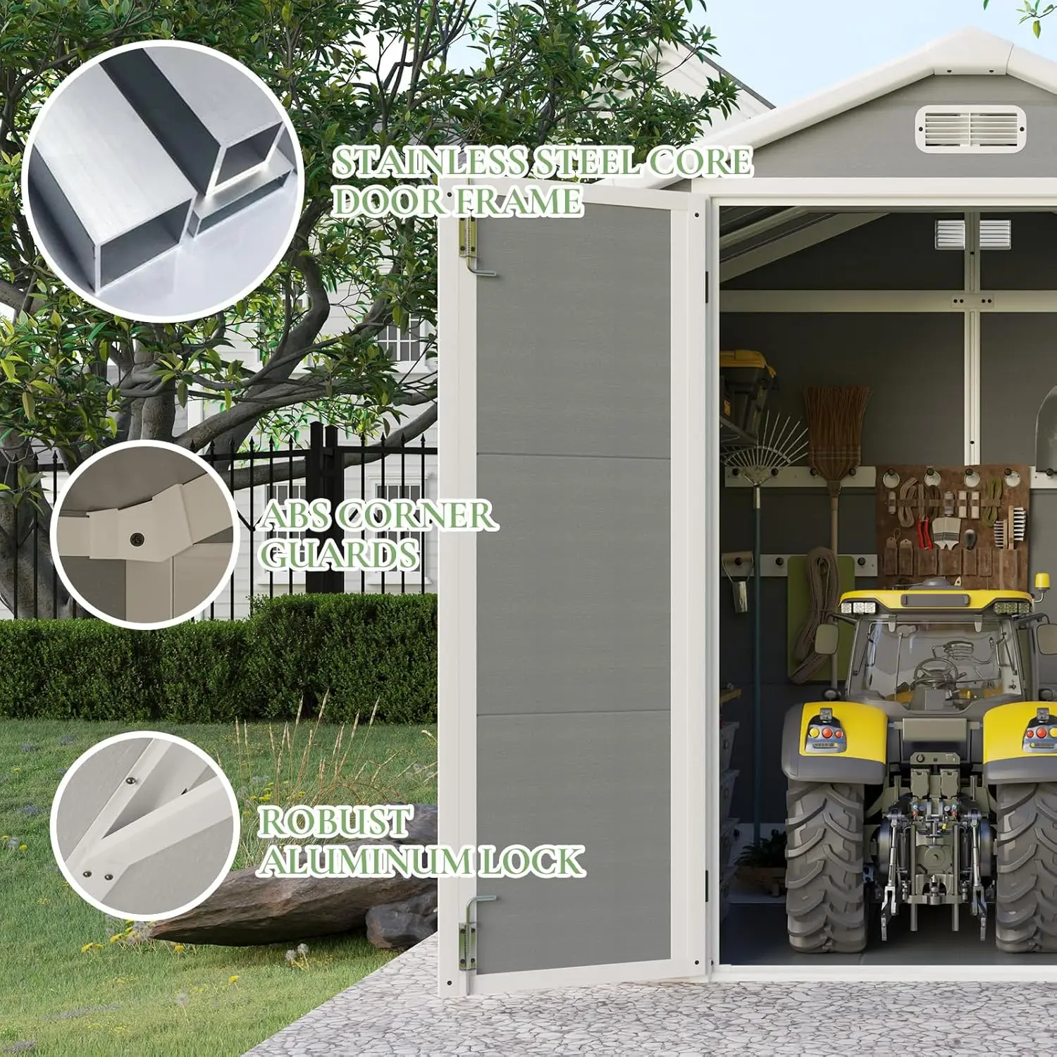 Abri de rangement extérieur en résine avec fenêtre, évents, sante en acier inoxydable, outil de sol, fédération, 5.5x4.4