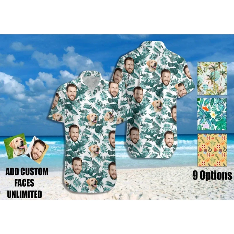 Camisa de rosto com foto personalizada de verão – Camisa havaiana com botão de manga curta com foto personalizada – Melhores presentes para homens –