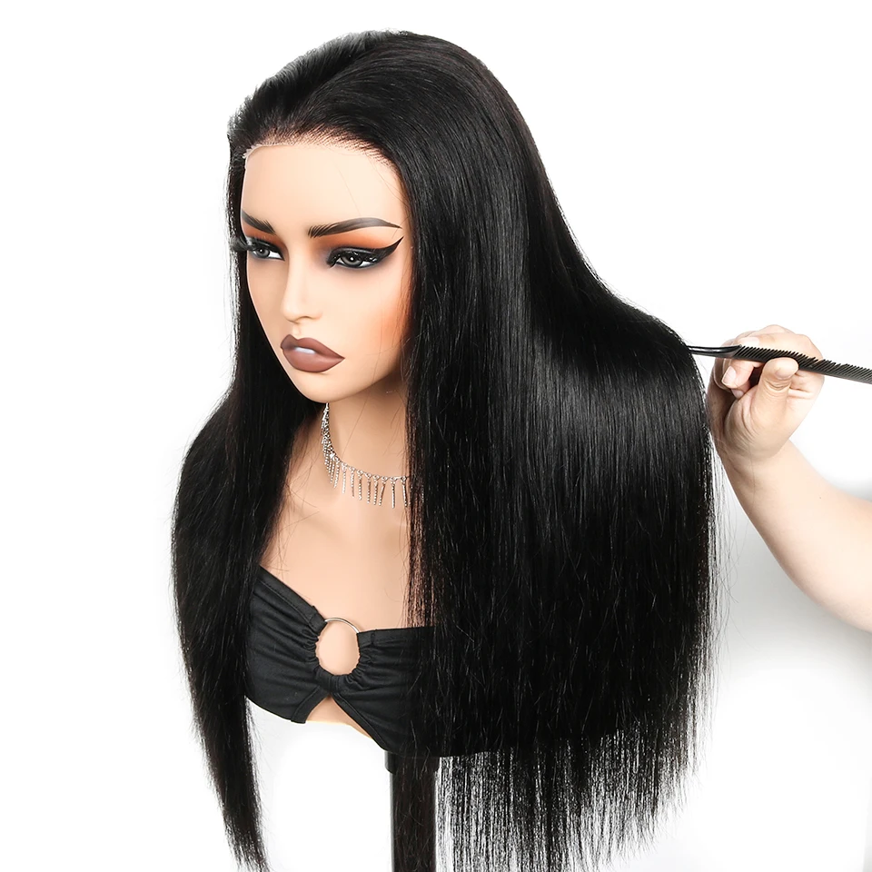 

7x6 Glueless Wigs Human Hair Pre Plucked Pre Cut 32 Inch Straight Lace Front Wigs 7x6 HD Lace Closure Wigs Natural Color