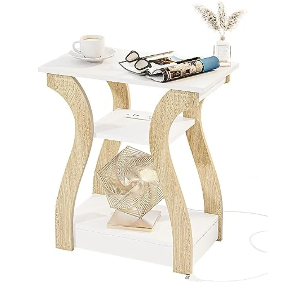 

End Table with Charging Station Side Table with USB Ports and Outlets Nightstand 3 Tier End Table with Storage Shelf for Living