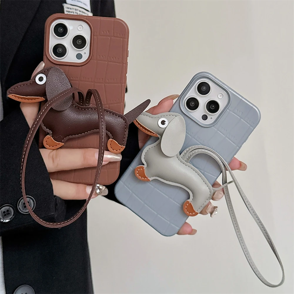 Fashion Cute Dachshund Lanyard Solid Color Leather Pattern Phone Case For iPhone 15 14 13 16 12 Pro Max 14 15 Plus 11 Back Cover