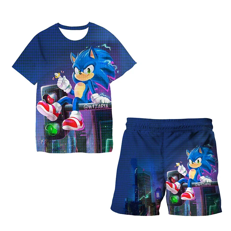 

New Japanese cartoon Sonic T-shirt children's top T-shirt shorts two-piece set summer boy cartoon cute T-shirt+beach pants