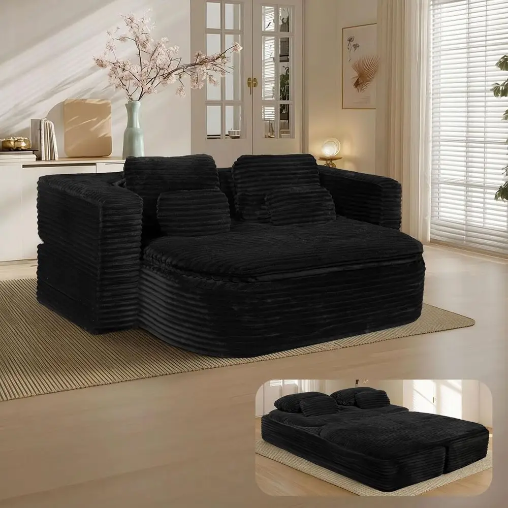 Convertible Memory Foam Sleeper Sofa Bed with Pillows and Blanket (Black Corduroy)