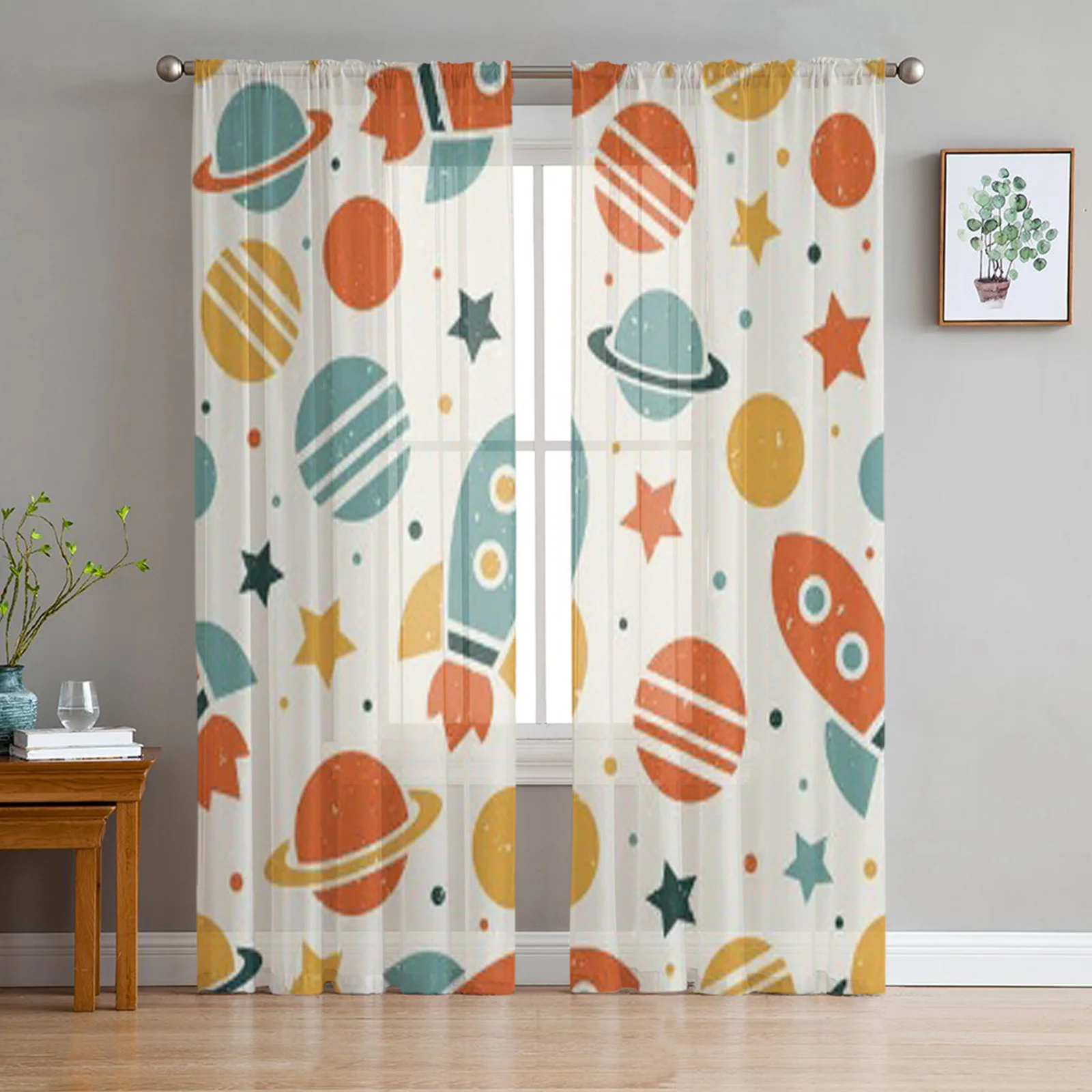 Space Elements Rocket Luxurious Chiffon Sheer Curtains for Living Room Bedroom Decoration Window Voiles Tulle Curtain