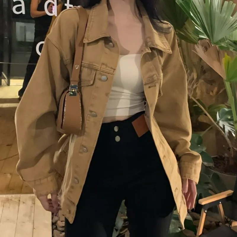 

Ретро-куртка в гонконгском стиле для женщин: свободная джинсовая куртка-жакет в рабочем стиле, стройнящая, весенне-осенняя, в американском ретро-стиле, топ