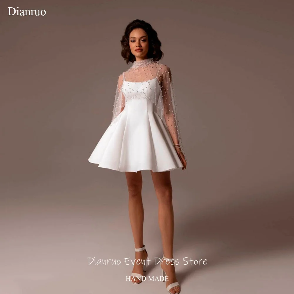 Dianruo Perlenbesetztes Tüll-Brautkleid mit Spaghetti-Trägern, Kurzes Mini A-Linien-Abendkleid 2026 Maßanfertigung