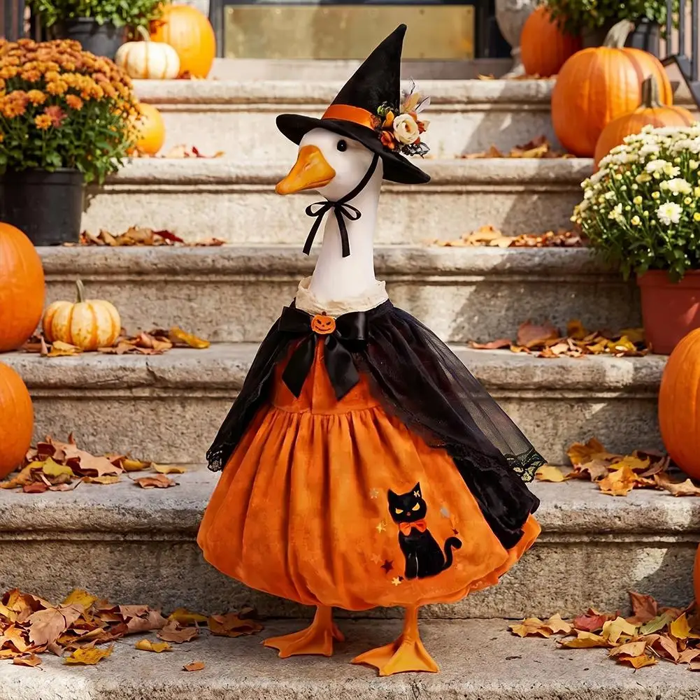 Halloween-Gänse-Hexen-Kostüm mit Hut, Schwarzes-Katzen-Muster, Garten-Veranda-Gänse-Dekor-Outfit für Party, Garten und Außenstatuen – Detail 6
