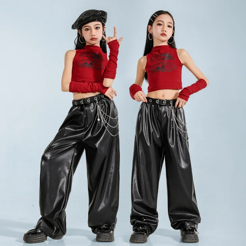 Meninas k-pop vermelho colheita topos camisa dança de rua calças de couro do plutônio crianças hip hop streetwear criança jazz topo menina grupo roupas conjunto