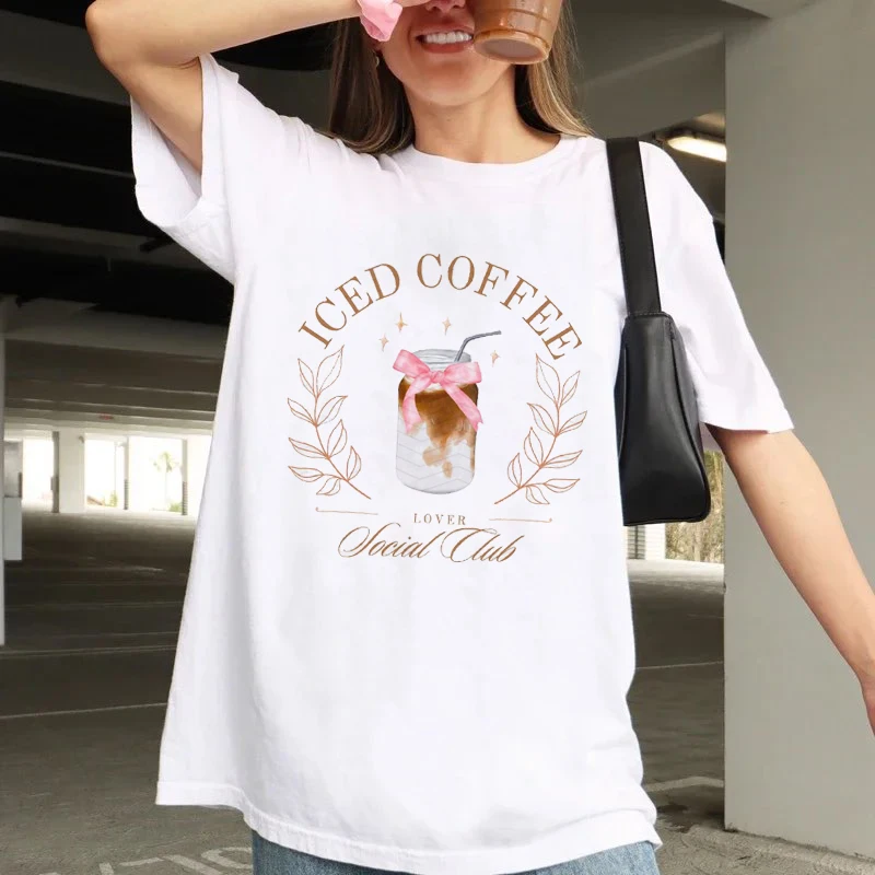 Iced Coffee Social Club T-Shirt Short Sleeved Trendy Printed Pattern Short Sleeved Printed Basic Casual Top Clothing O-Neck T-Sh