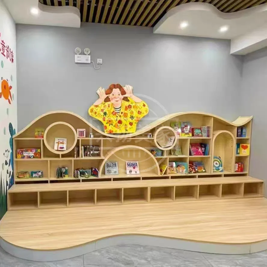 Curved bookshelf with stool Special-shaped library display cabinet School kindergarten picture book library reading area partiti