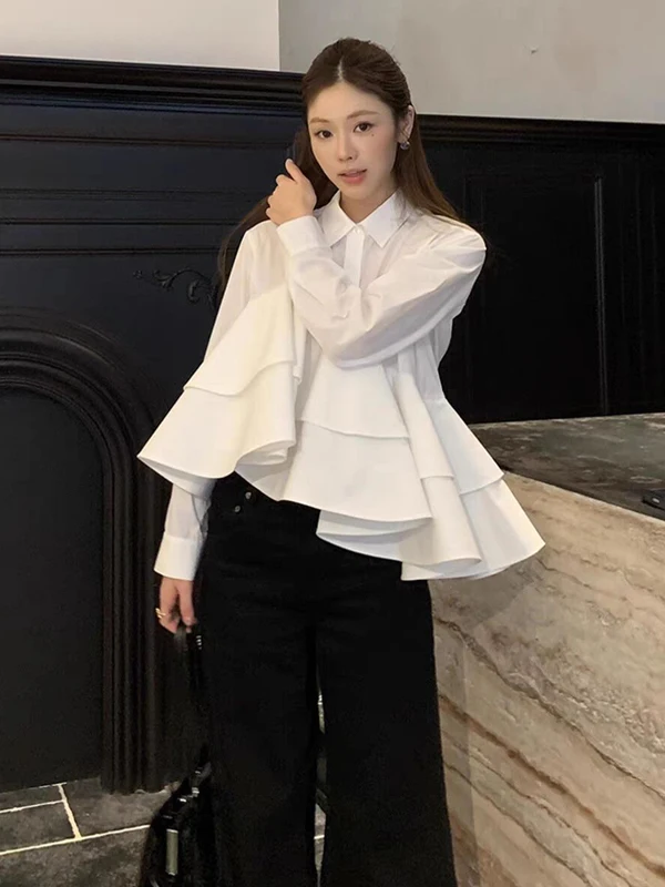 White Shirt with Lace Design Korean Style Loose Fit Long Sleeve Button up Unique Style Small Top for Early Spring