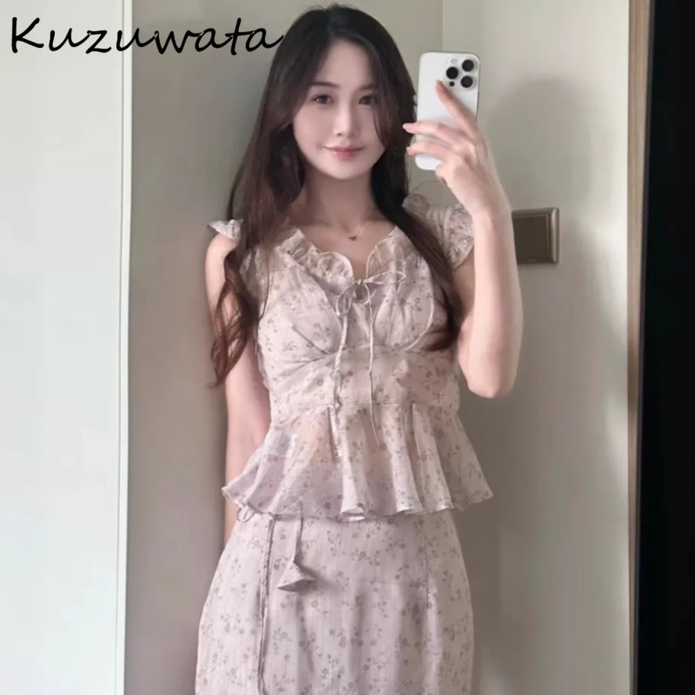 

Kuzuwata French Print Pure Desire Fairy Blouses V Neck Slim Waist Fungus All-match Ropa Mujer Japan Ruffles Fresh Sweet Blusas
