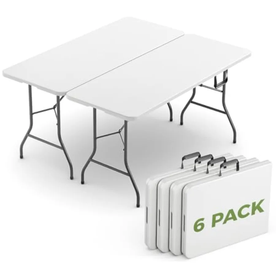 

Folding Table 6 Pack, 6 Feet Foldable Polyethylene Table in Black, Heavy Duty Portable Fold-in-Half Utility Table for Party, Ca