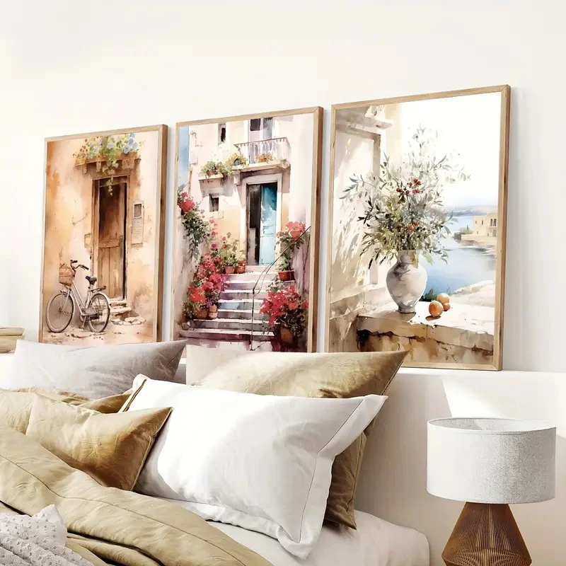 

3Pcs/Set Modern Geometric Landscape with Bicycle Garden Corner Vase Pattern Canvas Art Living Room Corridor Home Decor Frameless