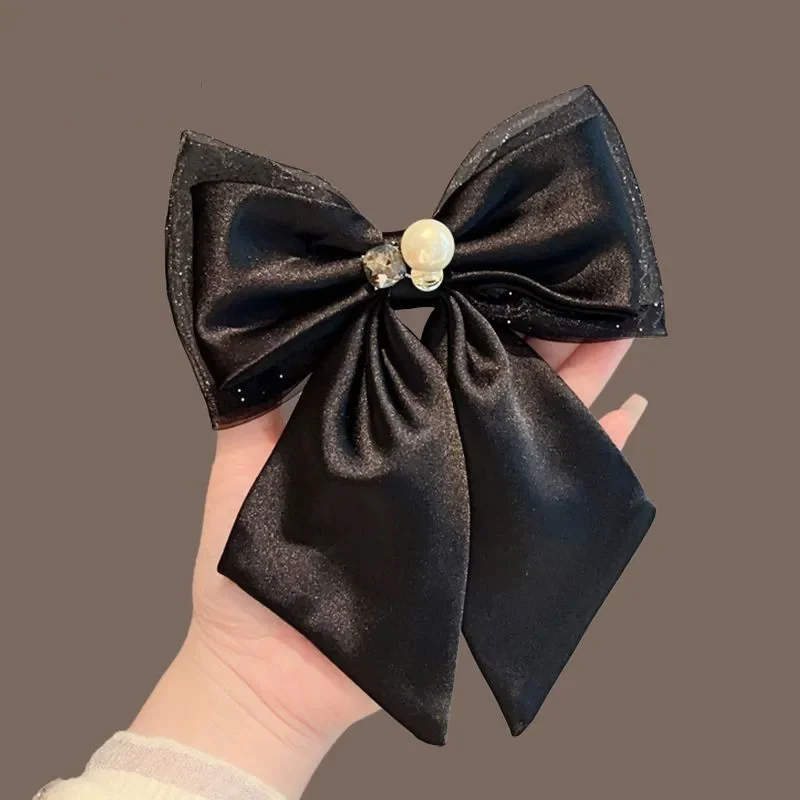 Ribbon Bow Hair Clips for Women Pearl Crystal Temperament Elegant Headpiece Spring Clip Headwear Korean Hair Accessories