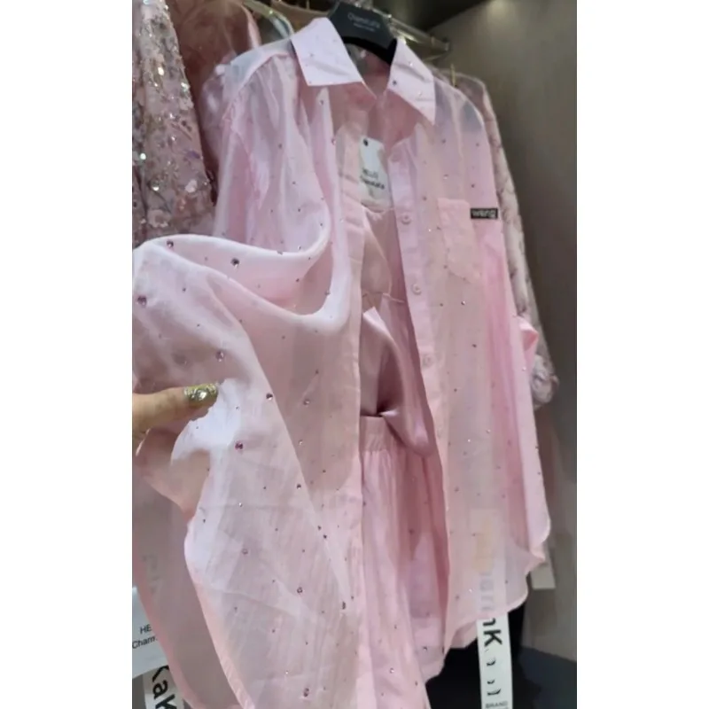 Camisa de manga larga con estrella de diamante para mujer, pantalones cortos informales ajustados de cintura alta, conjunto de dos piezas, moda de verano, 2024