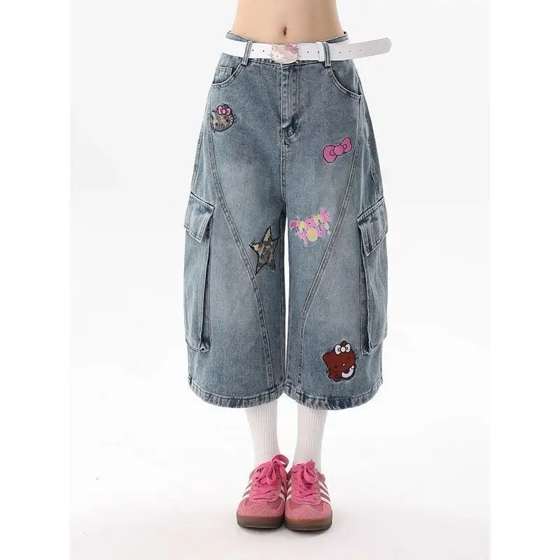 

Джинсы Sanrio Hello Kitty женские летние повседневные с американской мультяшной вышивкой, рваные, свободные, широкие, капри, модные