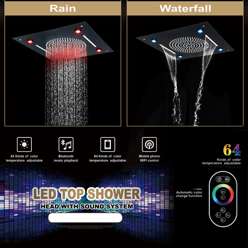 Ceiling Embedded 20Inch Rain&Waterfall Shower Head With Music Speaker Cold and Hot LED Shower System Black Bathroom Faucets Set