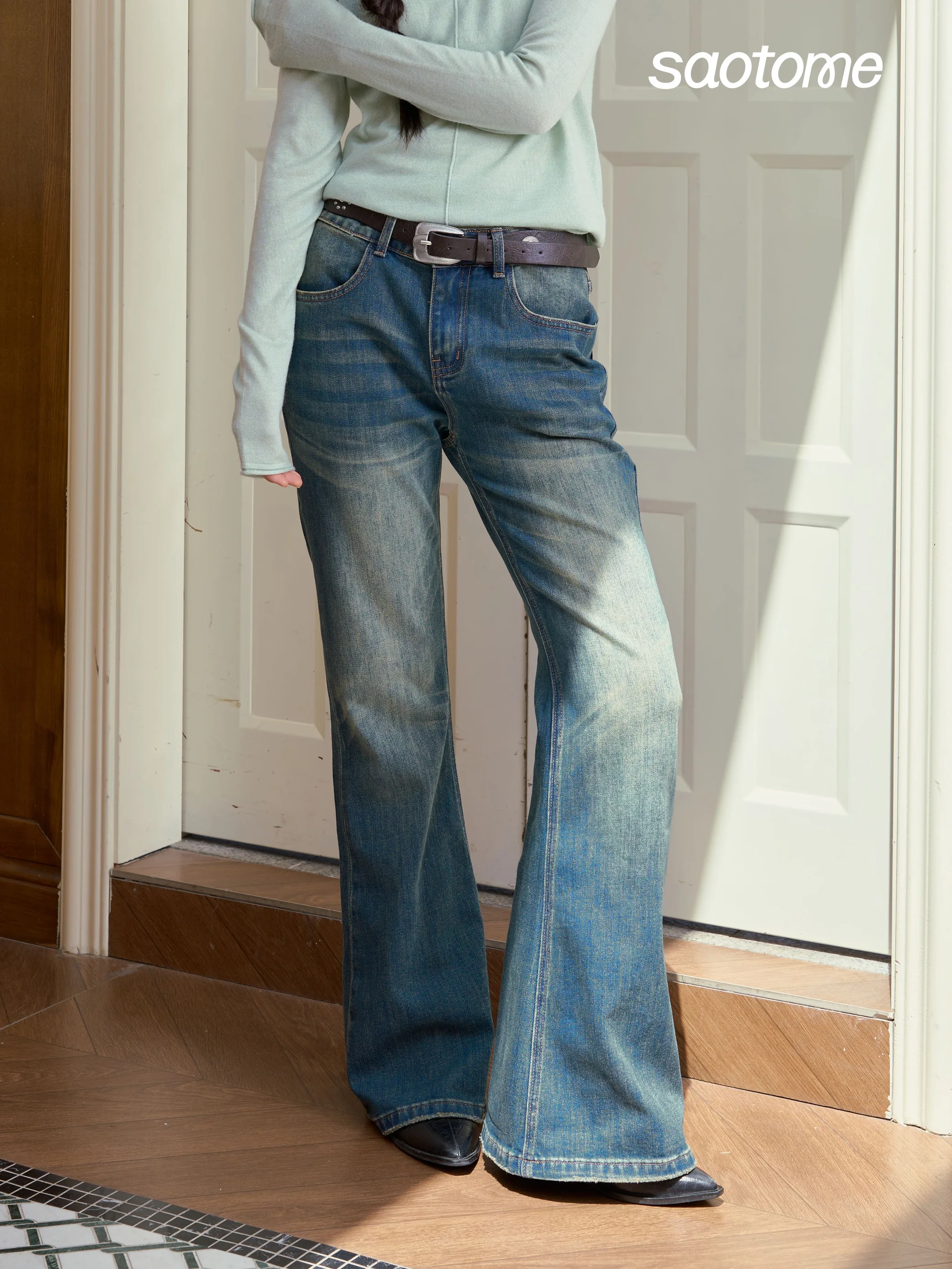 Saotome Classic Washed Bell Bottom Jeans Women's Straight Leg Cotton Denim Pants Long Term Leisure Nostalgic