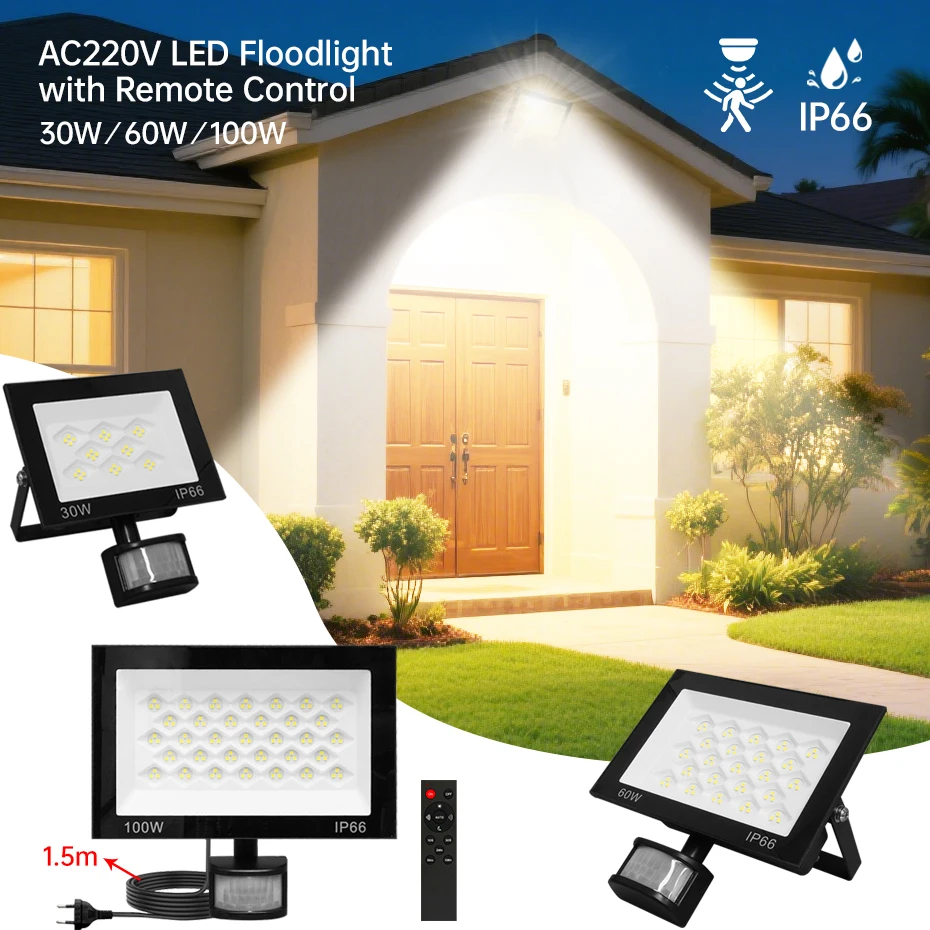 

LED Flood Light PIR Motion Sensor 30W-100W AC220V IP66 Waterproof Outdoor Garden Projector Wall Lamp 6500K with Remote Control