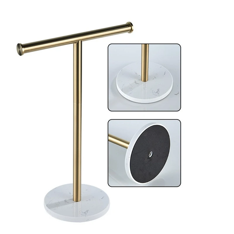 T-Shape Hand Towel Stand With Marble Base For Bathroom Countertop Tissue Rack Holder As Shown Marble + Stainless Steel 1 PCS