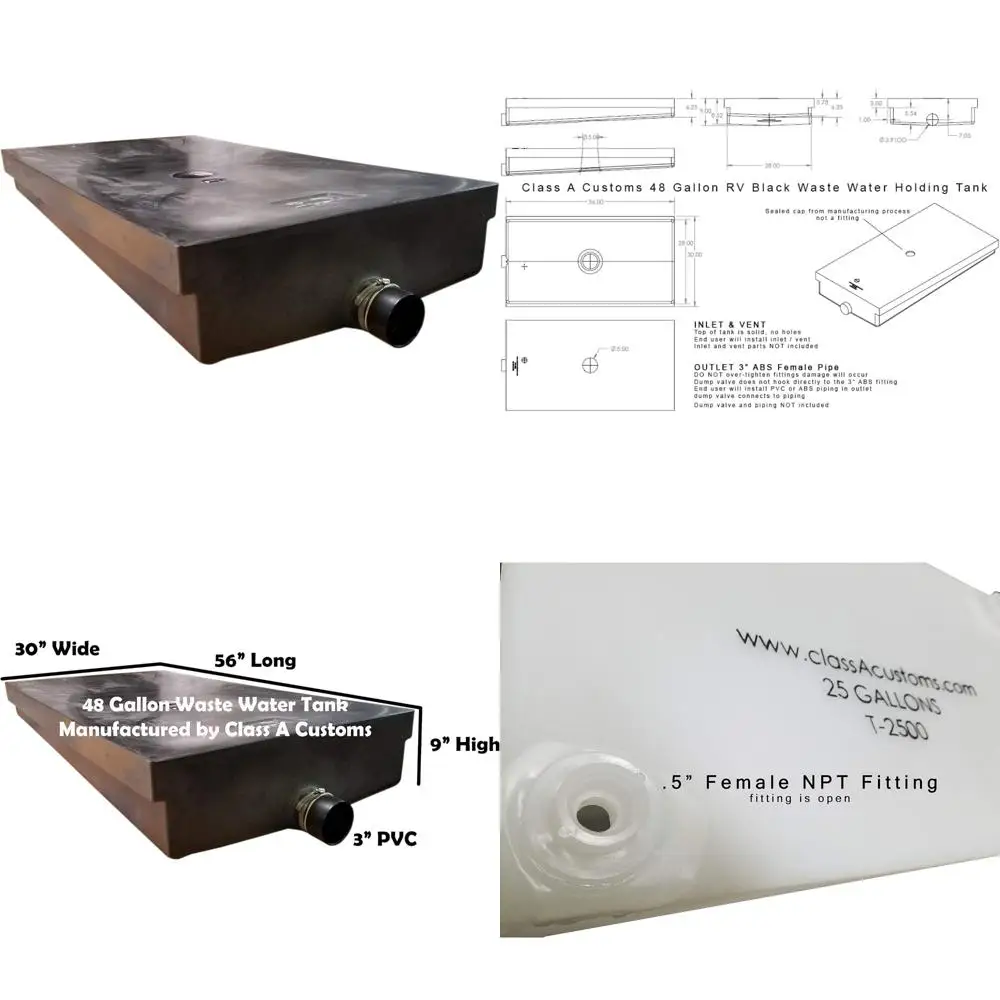 Serbatoio rifiuti per camper 48 galloni di stoccaggio dell'acqua nera 56x30x9 WT-4800