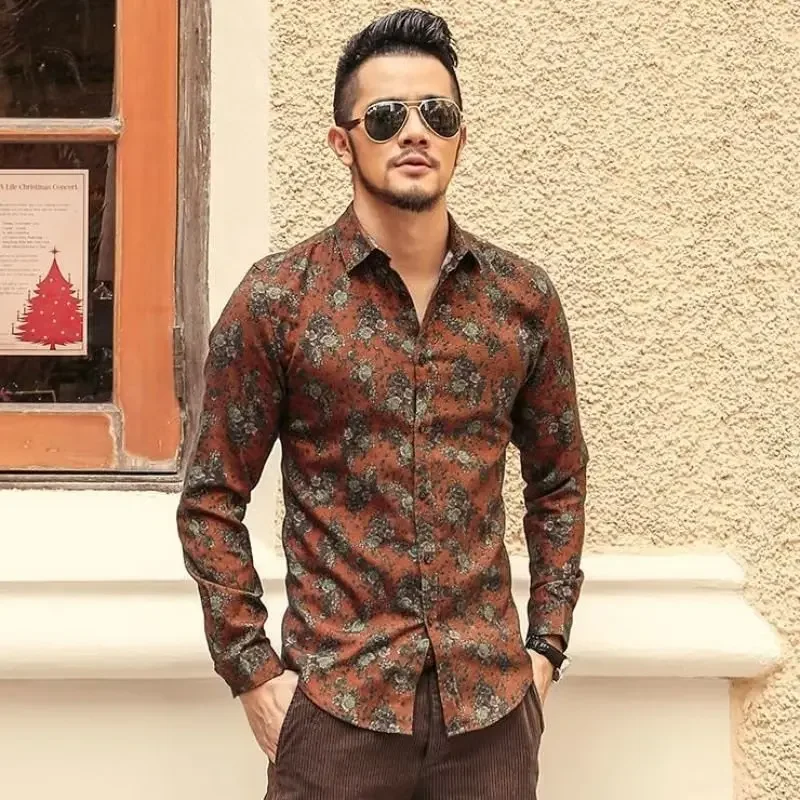 قميص مرن بأربعة جوانب وأكمام طويلة على الطراز الكوري مطبوع عليه زهور بقصة ضيقة ملابس رجالية غير رسمية لربيع الخريف والصيف #1