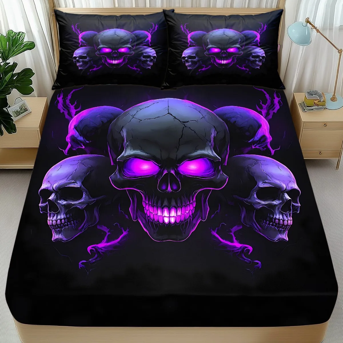 Cool black skull design bedding set, breathable and comfortable mattress protector, made of breathable polyester material (includes 1 fitted sheet + 2 pillowcases). Mattress protector, fitted sheet style with elastic edges, protective cover, mattress cover, fitted sheet bedding, Christmas-themed bedding