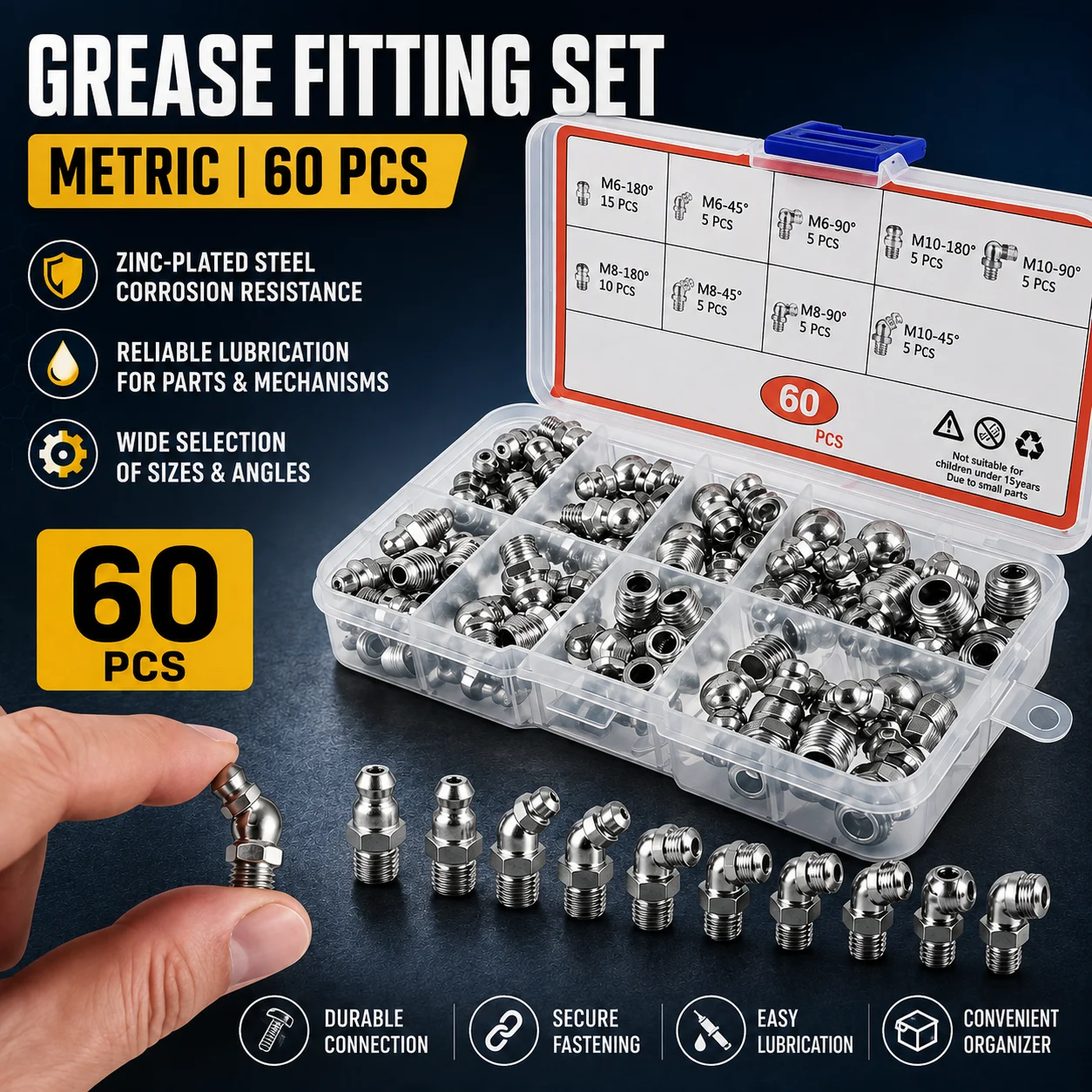 60/120Pcs Metric Grease Fitting Kit 9 Type Galvanized Metal Hydraulic Grease Zerk Assortment Set M6 M8 M10 Vehicle Nozzle Fuel