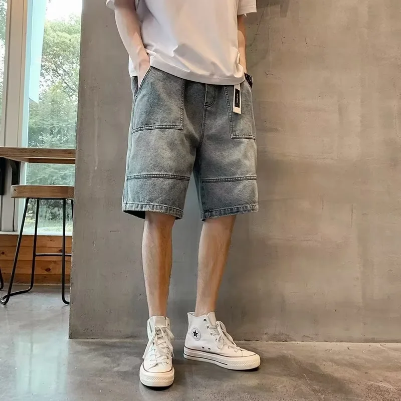 

Japanese workwear denim shorts men's summer trendy brand loose straight top plus size casual five inch shorts