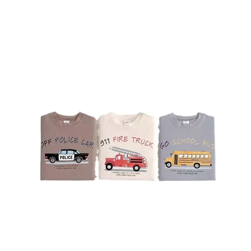 2024 Summer Korean Children Boys Tees Cotton Cartoon Car Printed Toddler Boys Tops Loose Casual Half Sleeve Babys Boys Pullovers