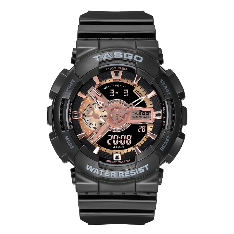 TASGO T100 Sport Men\'s Quartz Digital Watch LED Auto Hand Lift Light Full Function World Time 50MM Large Dial Oak Collection