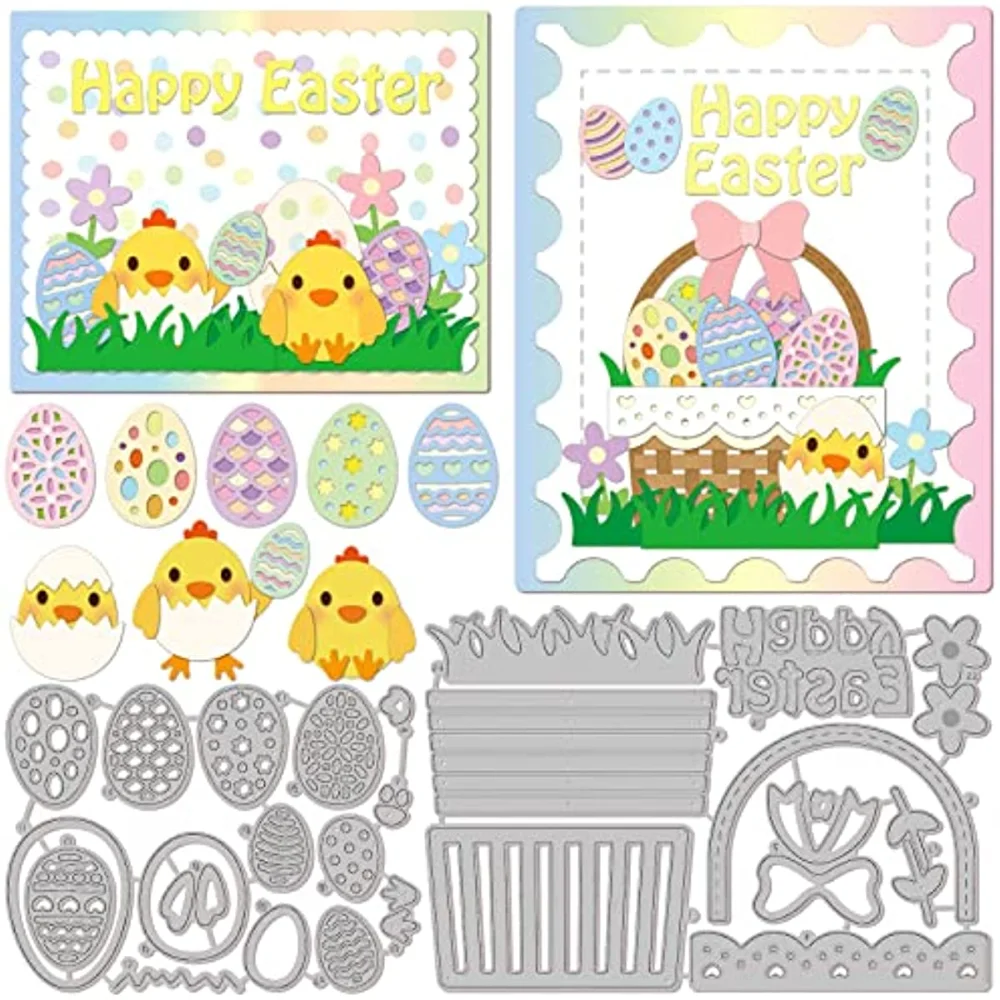 Happy Easter Cutting Dies Easter Egg Chicken Metal Die Cuts DIY Crafting Basket Embossing Stencil Template for Easter Scrapbook