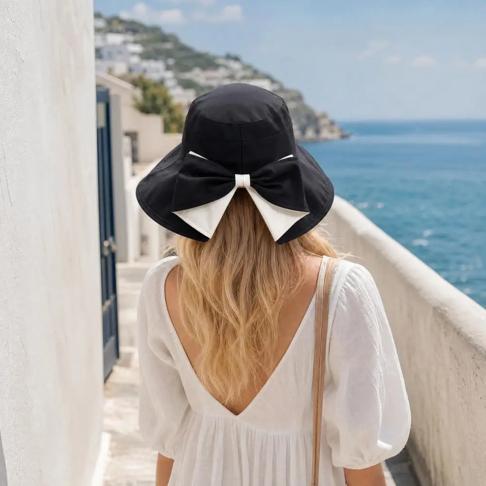 Stylish Sun Hat For Women Rear Bowknot Wide Brim Cycling Hat,Travel-friendly UV Protection Fisherman Hat for Outdoor Hiking