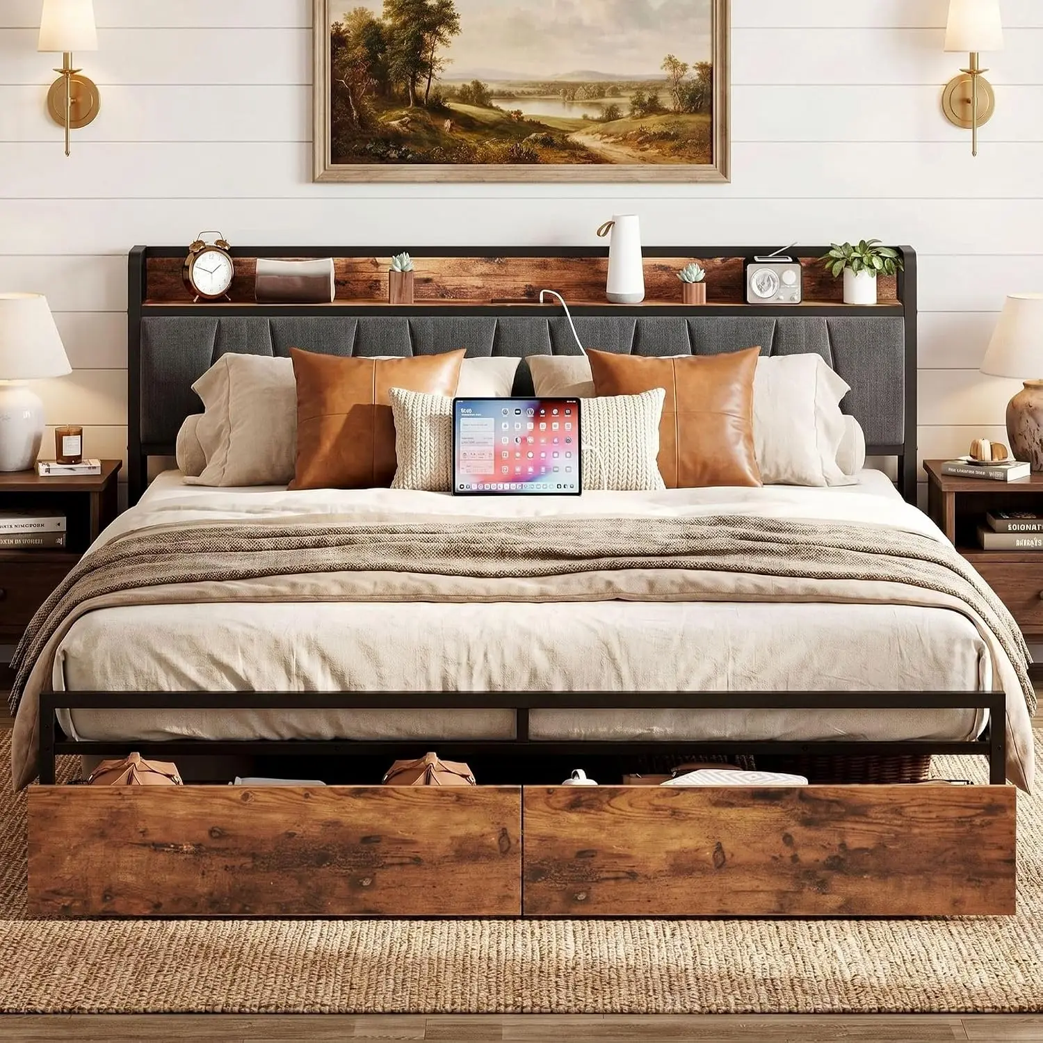 California King Size Bed Frame with 2 Drawers and Charging Station | Platform Bed with Upholstered Storage Headboard, No Box
