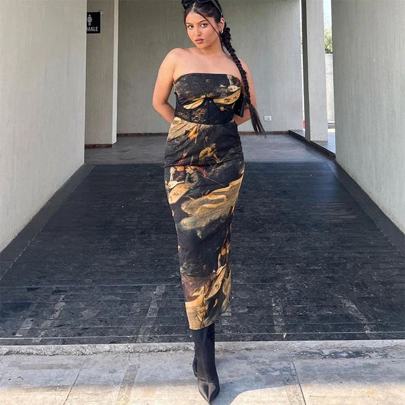 

2025 Sexy Strapless Oil Painting Print Maxi Dress Vintage Slim Wrapped Dress Women Chic Strapless Midi Dress Streetwear Vestidos