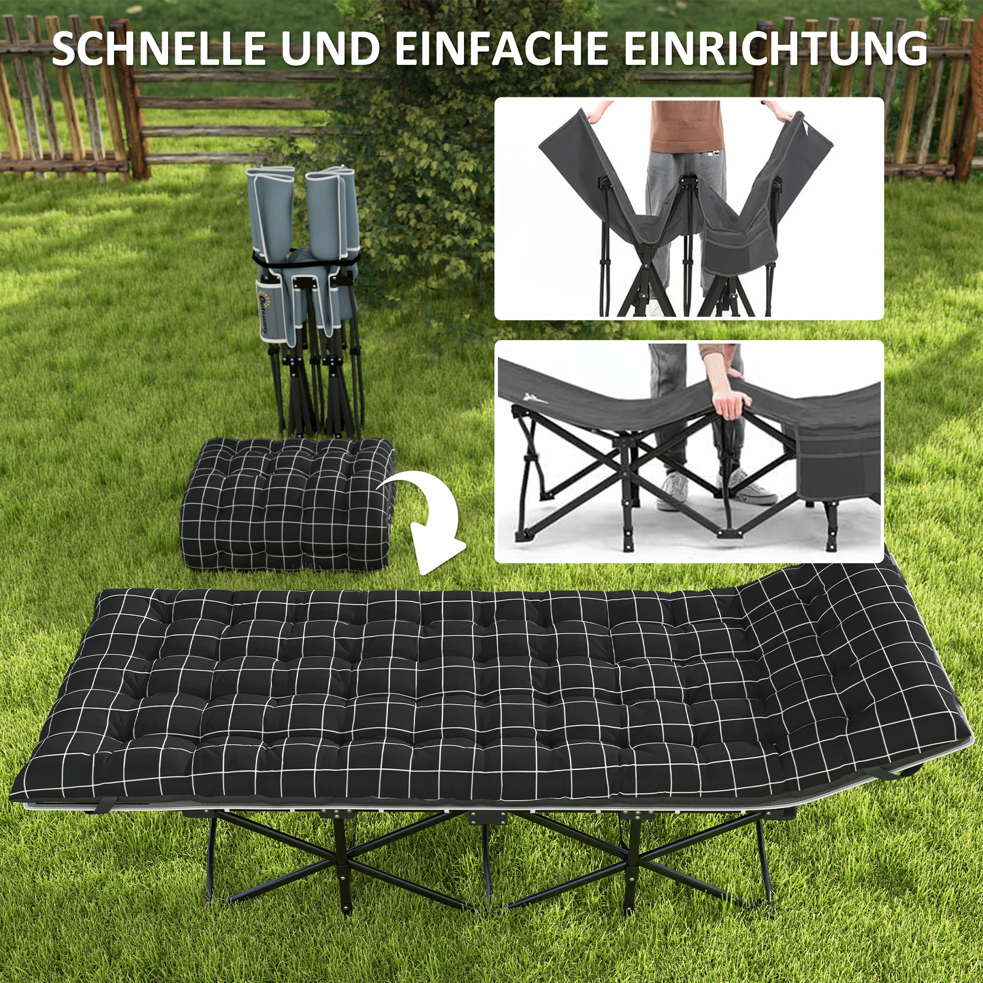 Cama plegable para acampar, colchón, ergonómica, estructura metálica, negra