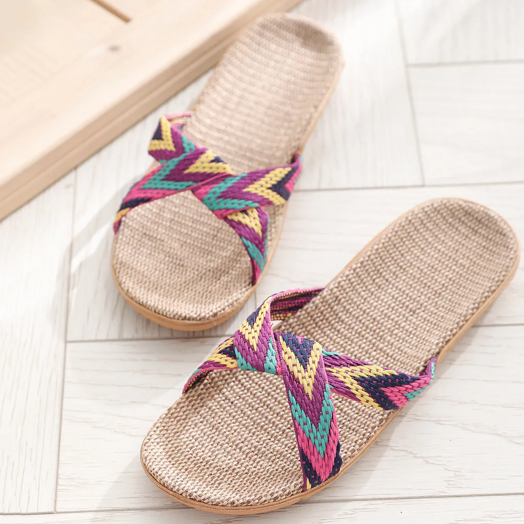 

Multicolor Flax Slippers Women Men Summer Home Shoes Non-slip Indoor Slippers Breather Linen Slides Female Flat Sandals 2024