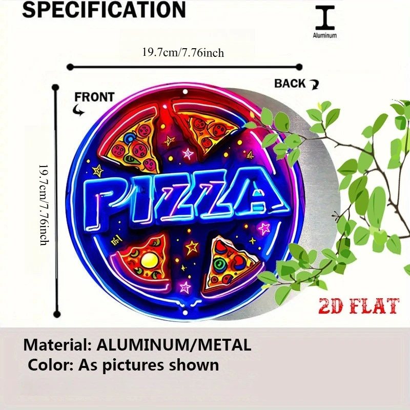 - Vintage 80s Arcade, 2D Flat Glowing Pizza Slice Sign with Neon Letters, Heavy-Duty Aluminum Metal Wall Art, Suitable view 2