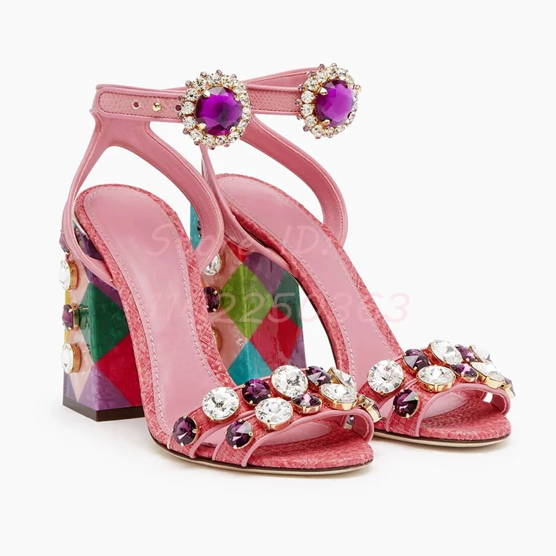 

Retro Pink Crystal High Square Heeled Sandals Round Toe Rhinestone Buckle Straps Sandals 2024 Women Fashion Dress Shoes 10CM