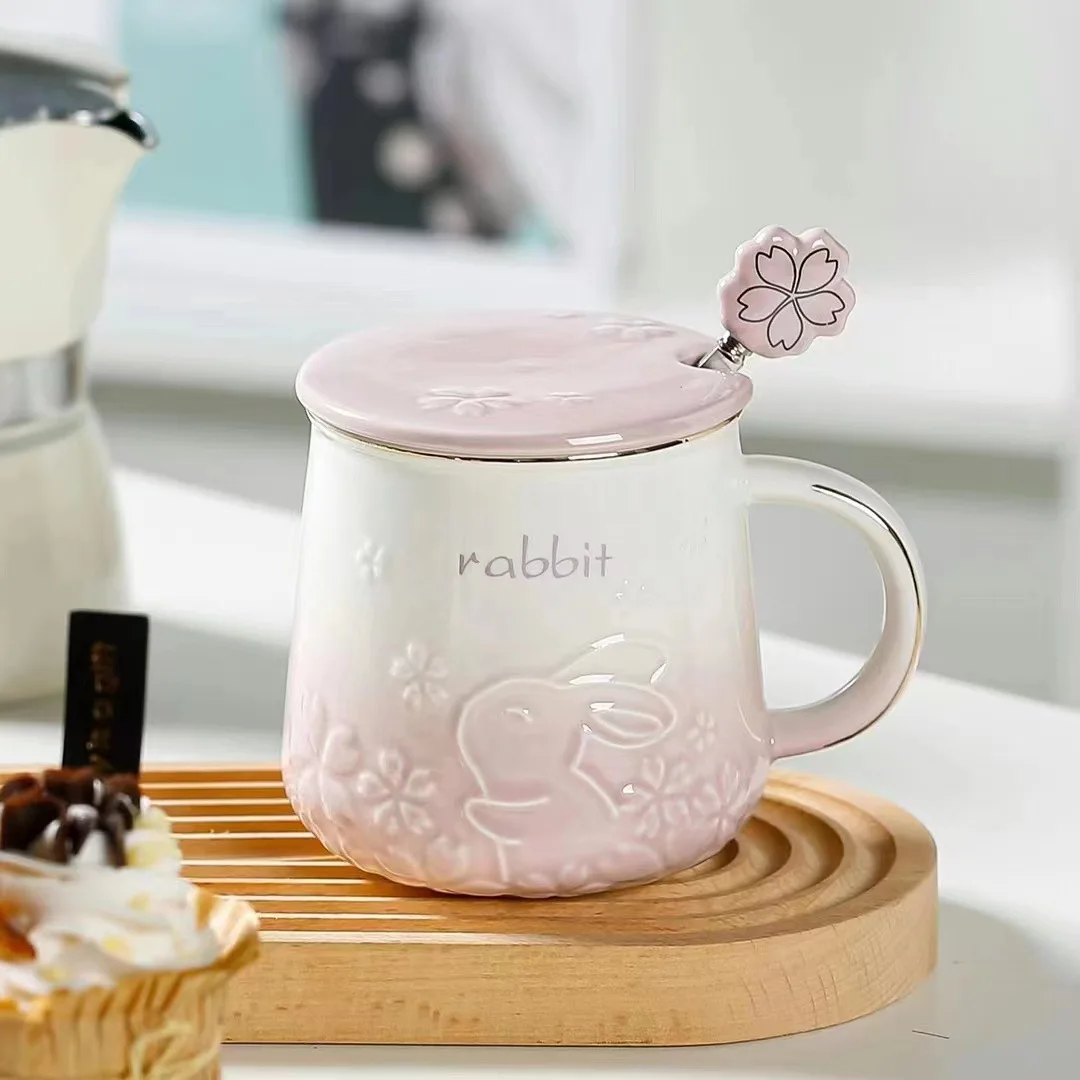 Niedliche Keramik-Kaffeetasse mit Hasenmuster, Kirschblütenbecher, Frühstücksbecher, Milchbecher, Heimbüro, Tassen – Detail 11