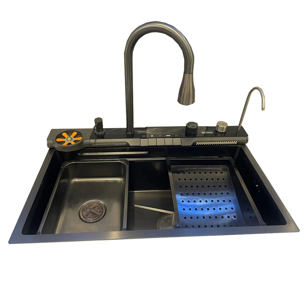 ก๊อกน้ำอ่างล้างจานครัวสแตนเลส LED มัลติฟังก์ชั่นทันสมัยปี 2025 ทำมือ อ่างล้างหน้าคู่ อ่างล้างจาน อ่างล้างมือทองเหลือง