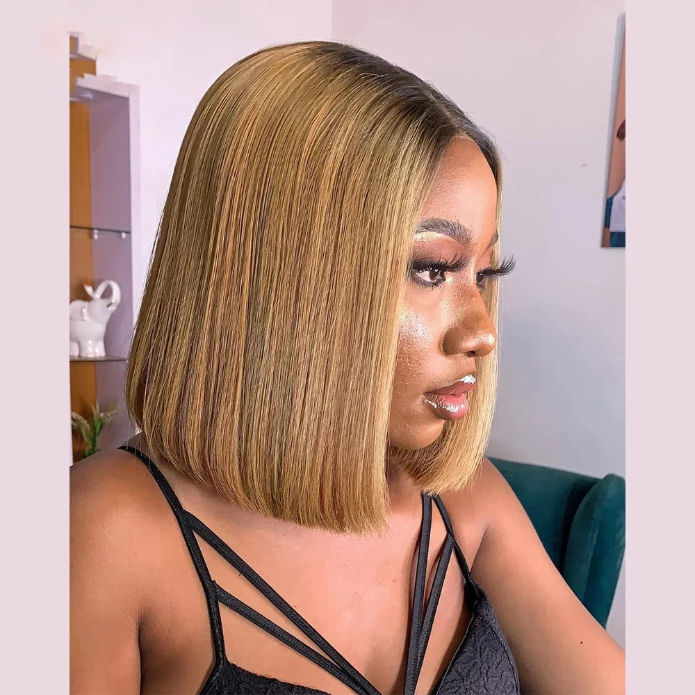 Peruvian 4/27 Honey Blonde Short Bob Wigs 5X5 Lace Closure Wig Ombre Blonde Straight Human Hair Wigs Women 13x6 Deep Lace Wigs