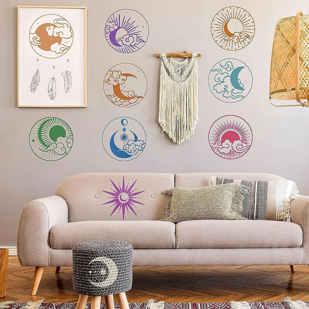 12 pcs Moon Sun Clouds Stars Paint Stencils Sun Stencils Reusable Painting Stencils DIY Painting on Wooden Wall Furniture