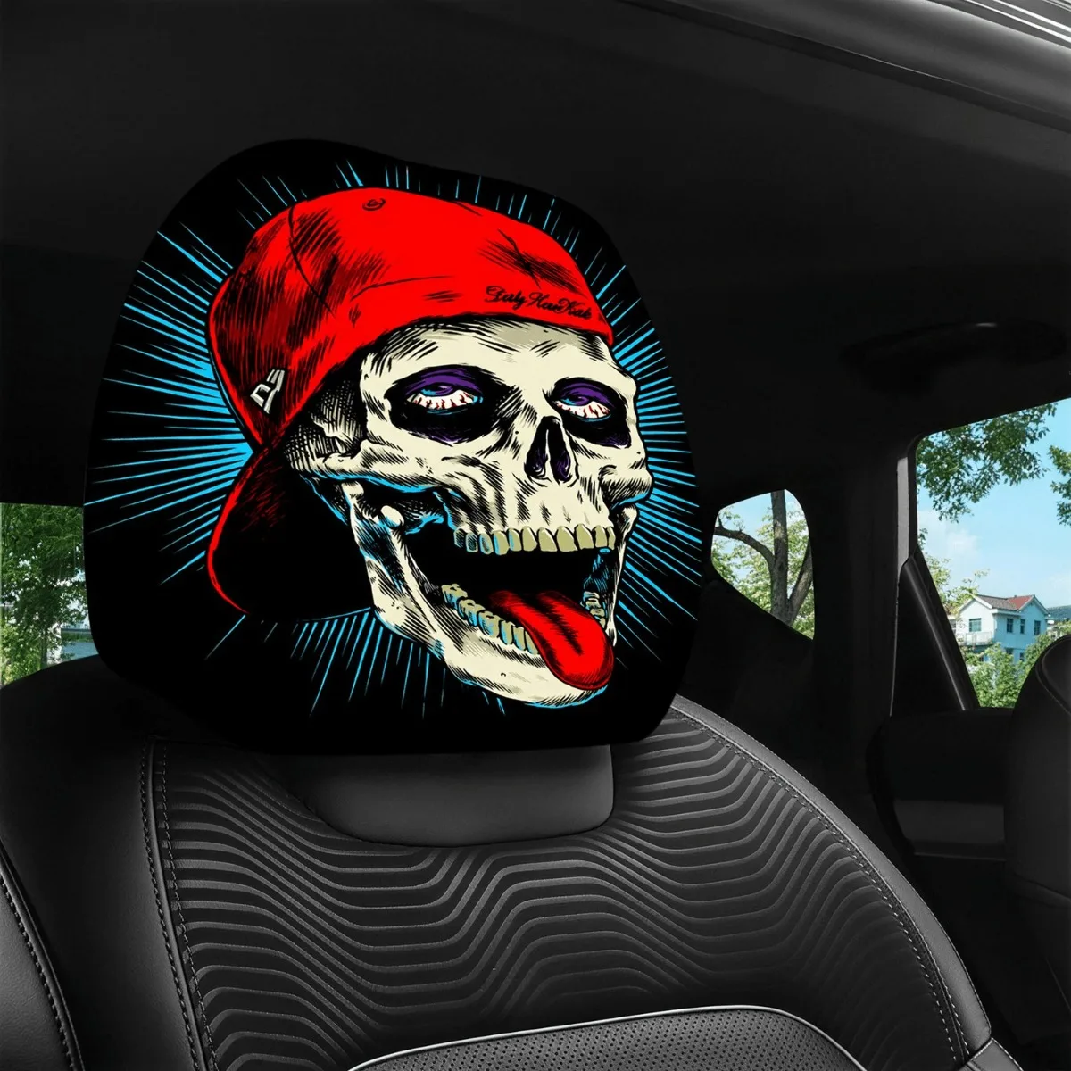 2Pcs Headrest Cover Funny 2Pcs Headrest Covers Horror 2 cool skulls with red headscarf, tongue sticking pattern car head