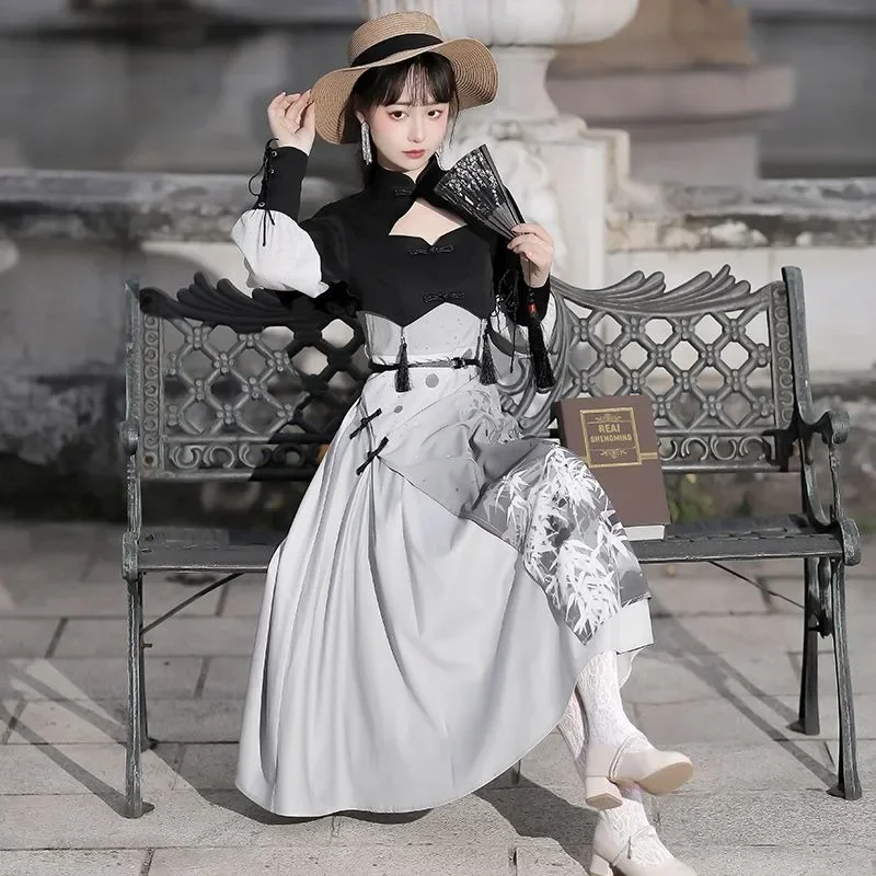 

Original Stand Collar Bamboo Ink Painted Knight Hanfu Dress Chinese Style Women's Clothing Autumn Improved Vintage Lolita Dress