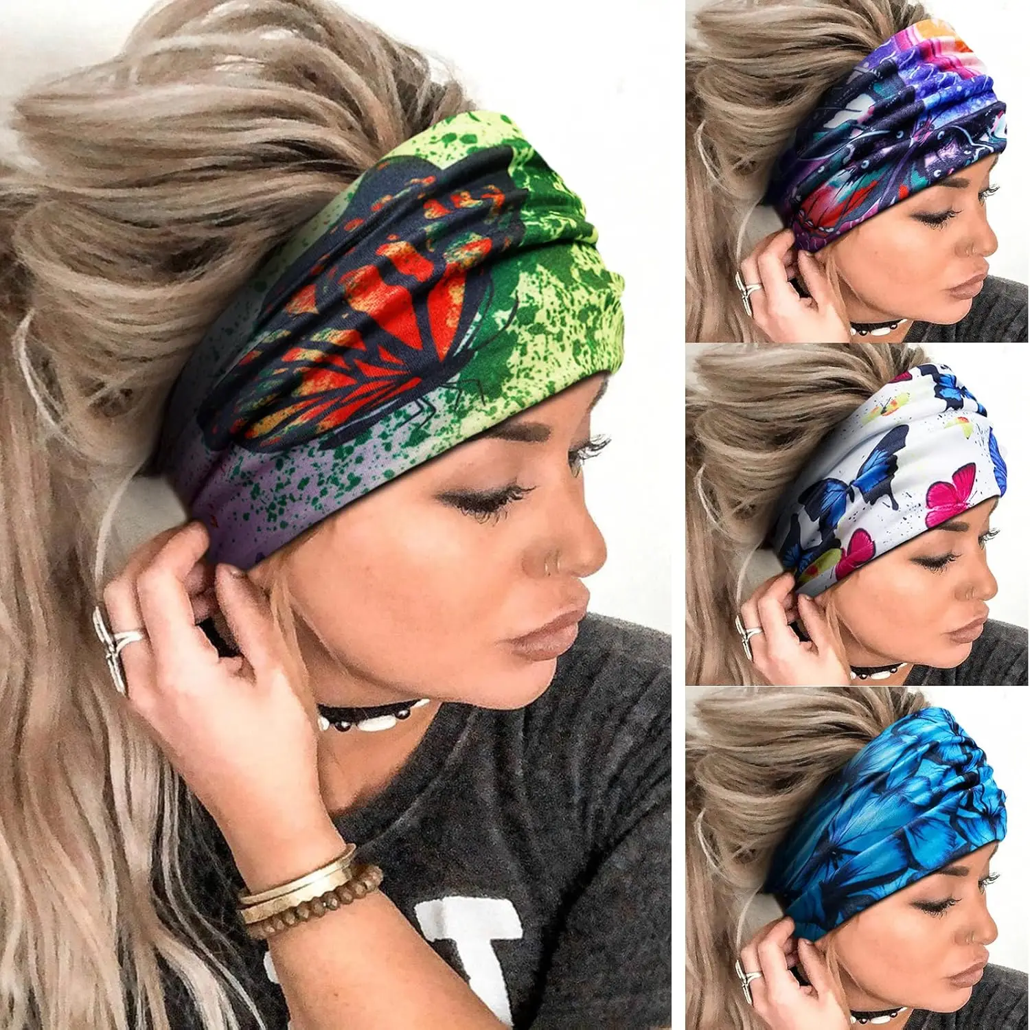 4pcs Butterfly Boho headbands women printed head wraps wide African hairband thick sports Yoga head band turban fashion