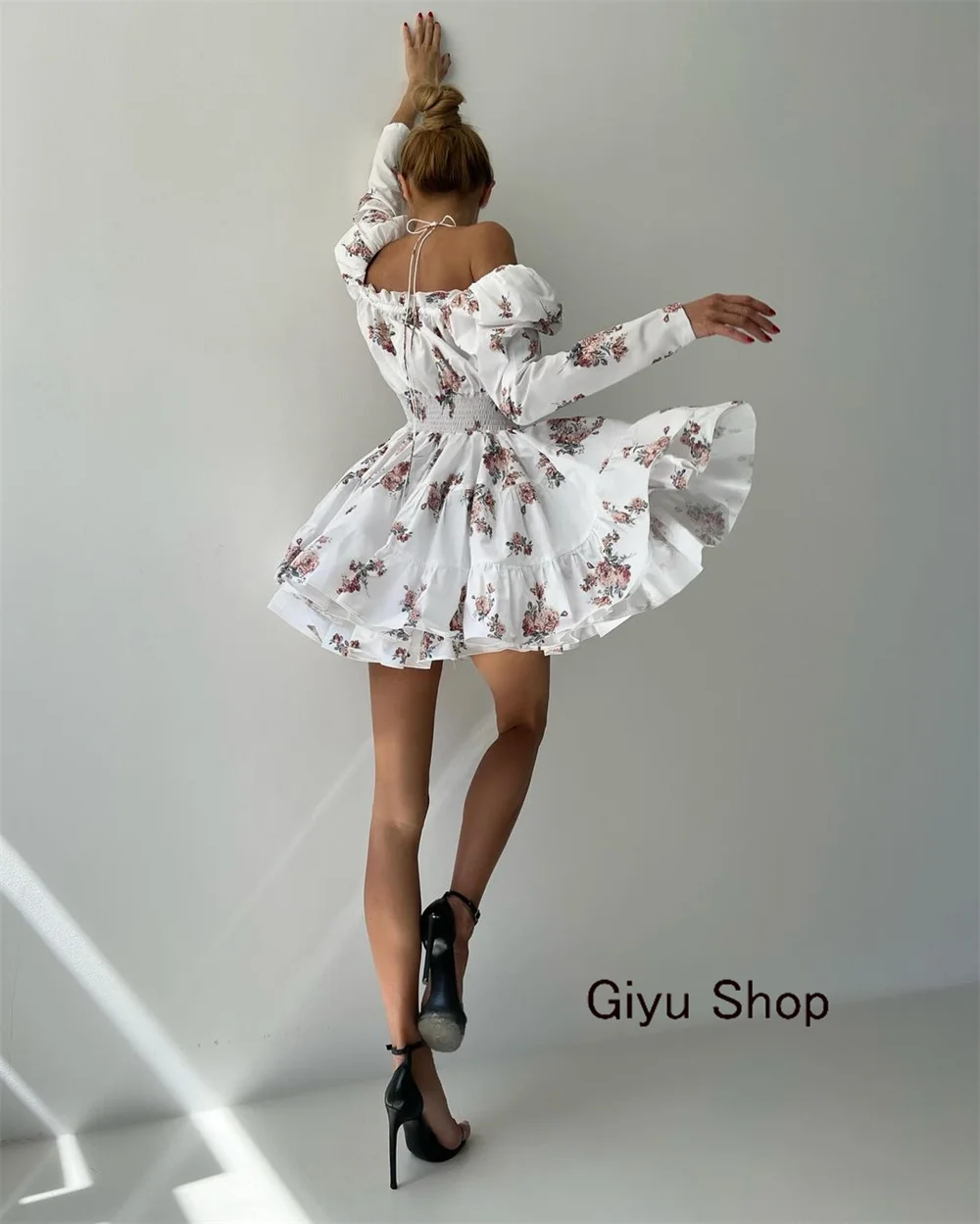 Giyu Modern Style Floral Prom Dress Deep V-Neck Draped Chiffon Mini-length Above The Knee Birthday Party Dress Summer Dress